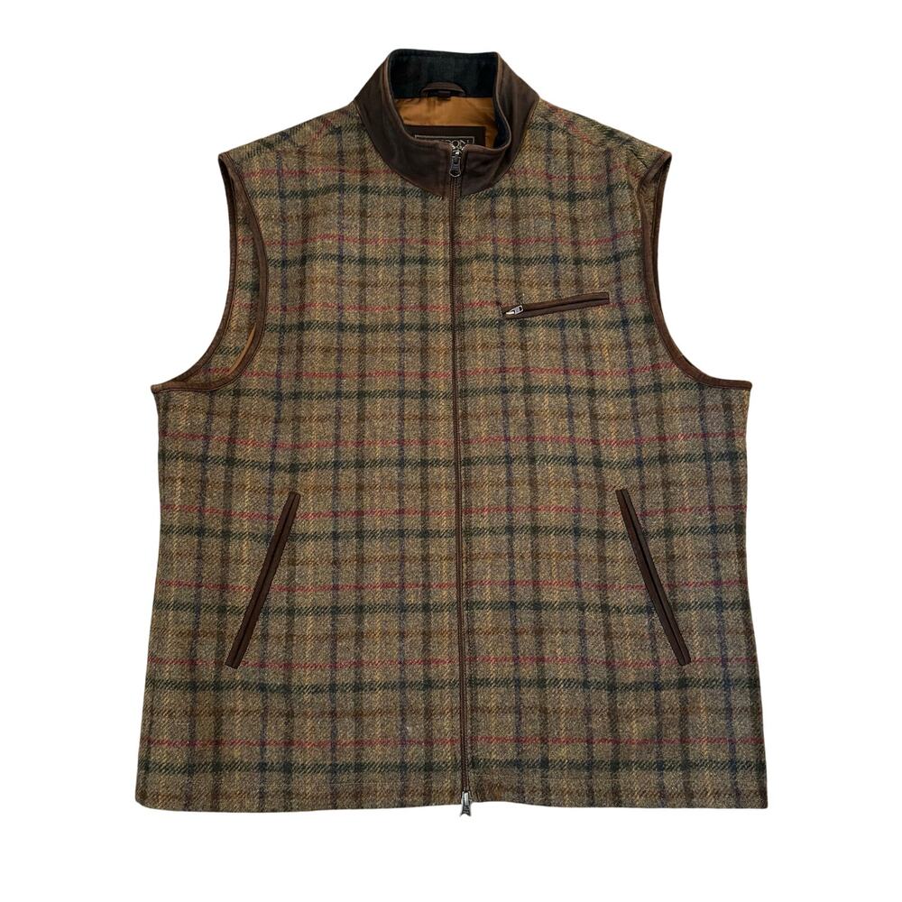 Madison Creek Outfitters Vest Ashville Full Zip Brown Plaid Leather Trim Mens XL